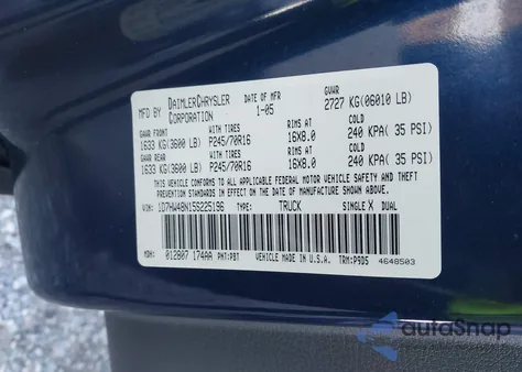 2005 Dodge Dakota Slt z USA, uszkodzony, nr VIN 1D7HW48N15S225196